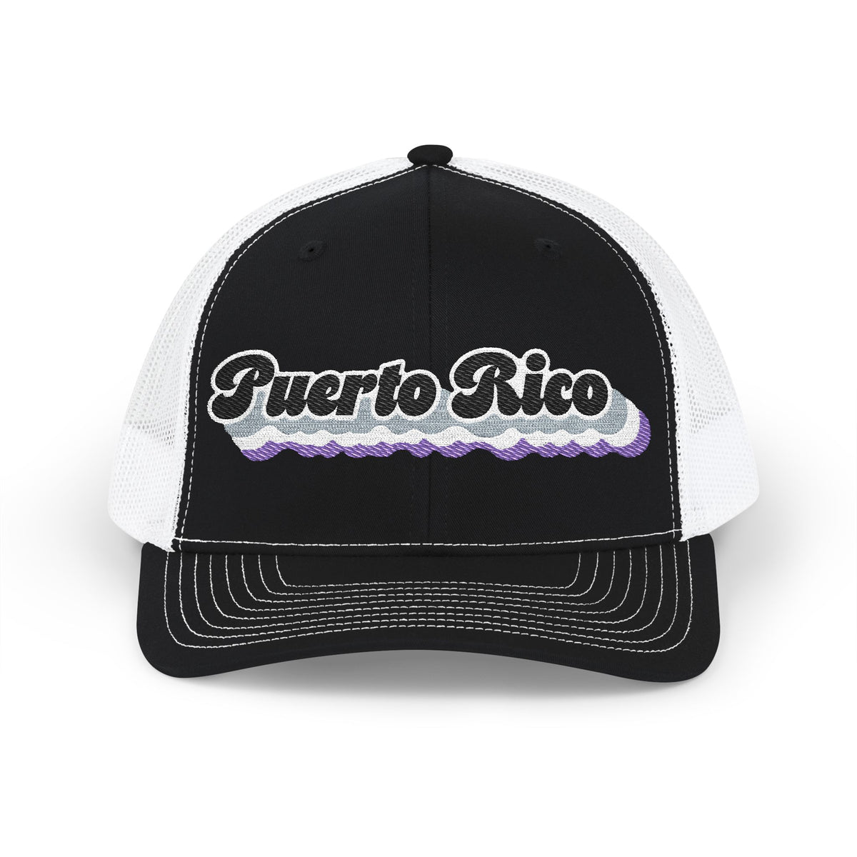 Puerto Rico Asexual Pride Stack Embroidered Trucker, Snapback Trucker Cap, Black front with White mesh in back
