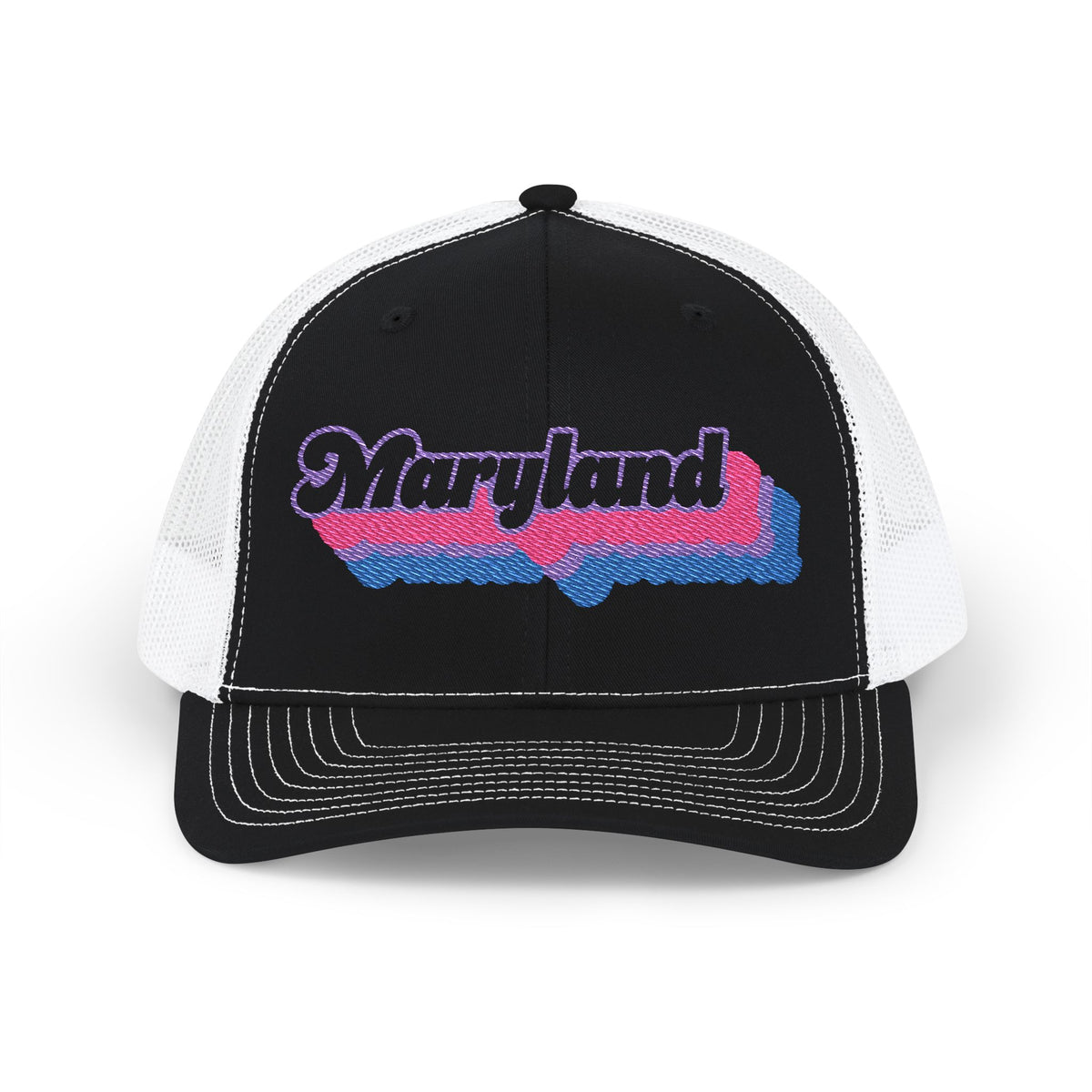 Maryland Bisexual Pride Stack Embroidered Trucker, Snapback Trucker Cap, Black front with White mesh in back