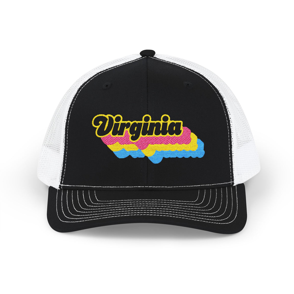 Virginia Pansexual Pride Stack Embroidered Trucker, Snapback Trucker Cap, Black front with White mesh in back