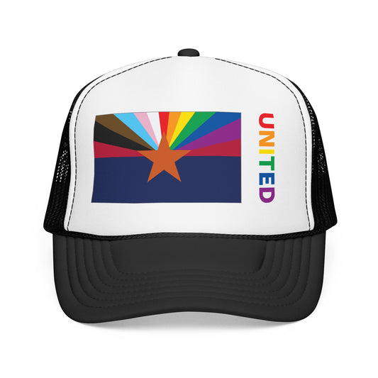 Arizona Rainbow Pride Flag "UNITED" Printed Foam Trucker Hat, Several Color Options