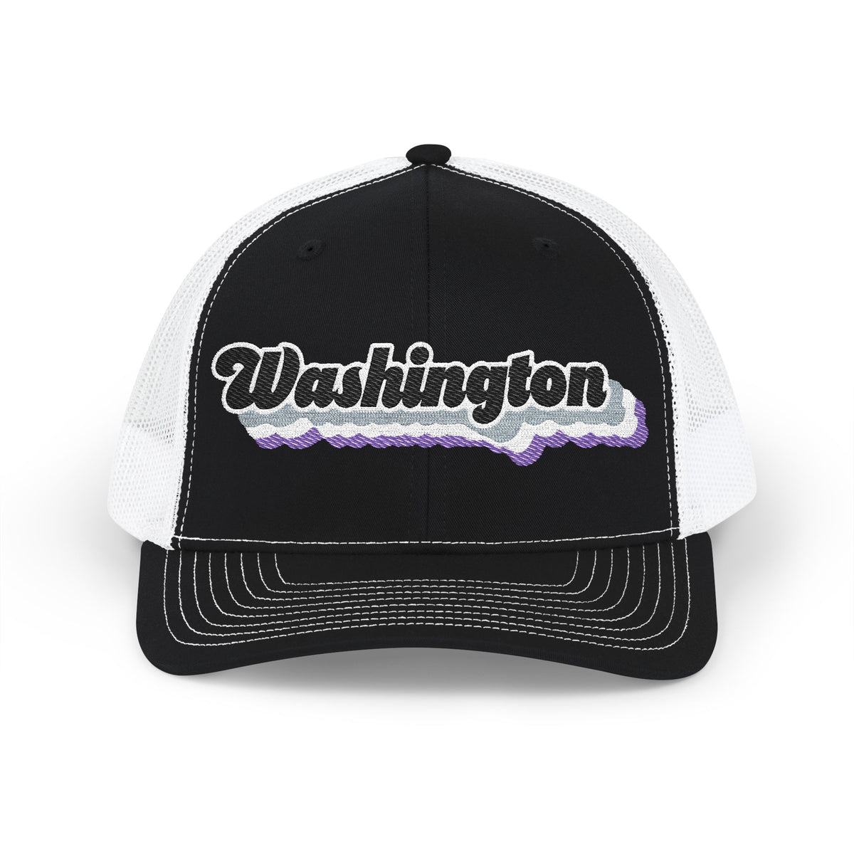 Washington Asexual Pride Stack Embroidered Trucker, Snapback Trucker Cap, Black front with White mesh in back