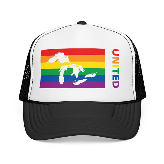 Great Lakes Region Rainbow Pride Flag "UNITED" Printed Foam Trucker Hat, Several Color Options
