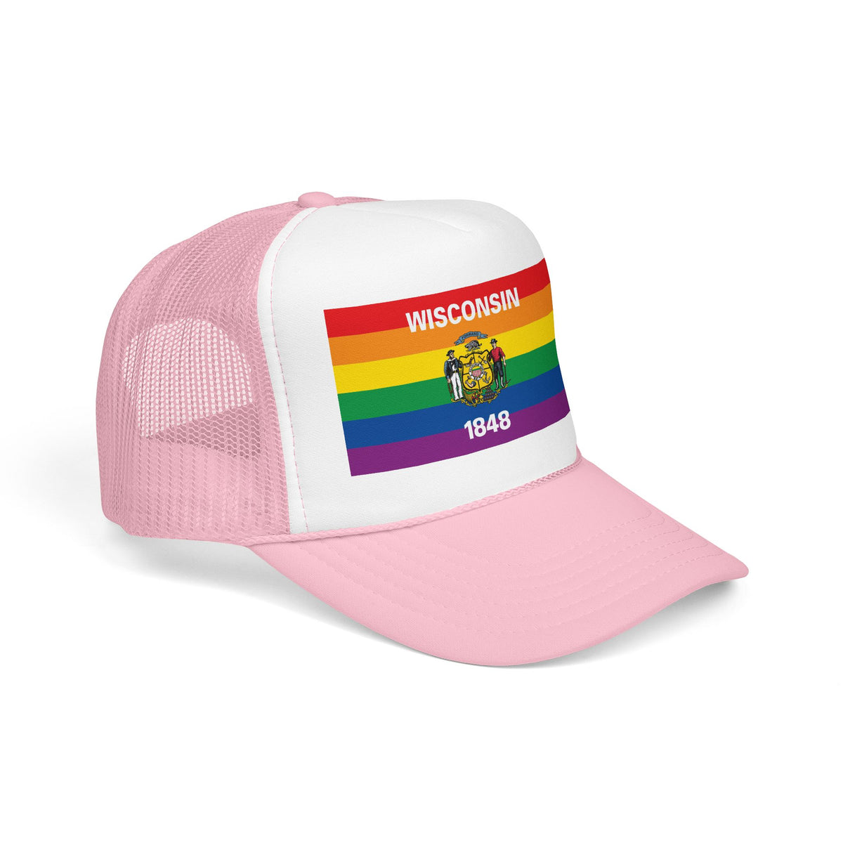 Wisconsin Rainbow Pride Flag "UNITED" Printed Foam Trucker Hat, Several Color Options
