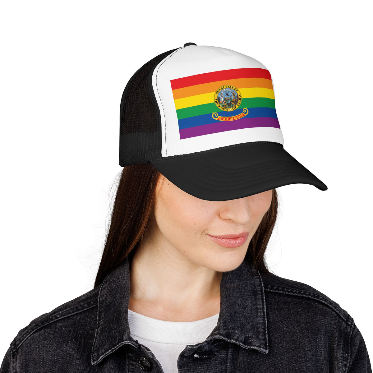 Idaho Rainbow Pride Flag "UNITED" Printed Foam Trucker Hat, Several Color Options