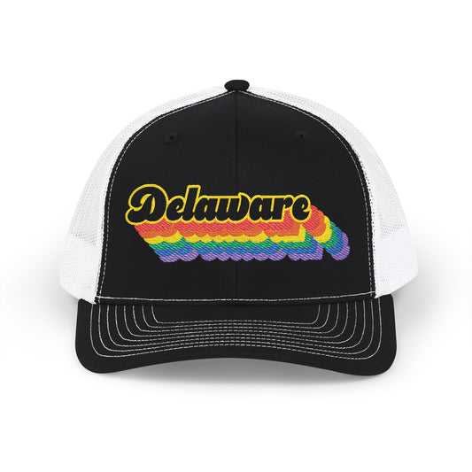 Delaware Retro Rainbow Stack Embroidered Trucker, Snapback Trucker Cap, Black front with White mesh in back