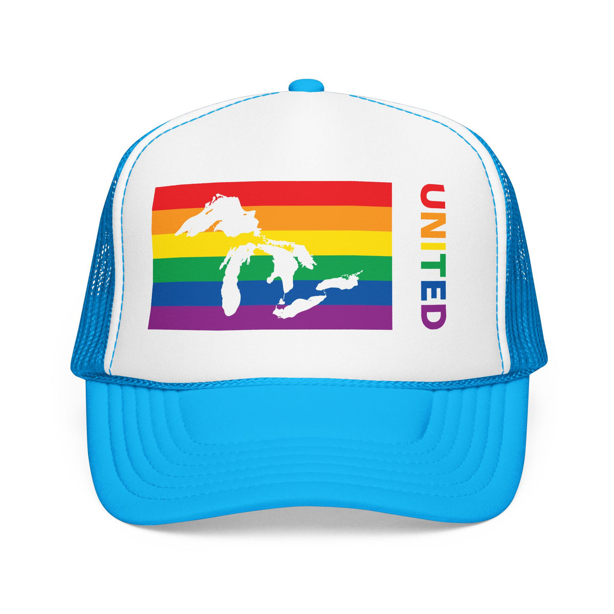 Great Lakes Region Rainbow Pride Flag "UNITED" Printed Foam Trucker Hat, Several Color Options