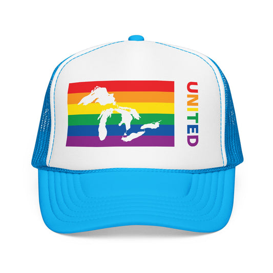 Great Lakes Region Rainbow Pride Flag "UNITED" Printed Foam Trucker Hat, Several Color Options
