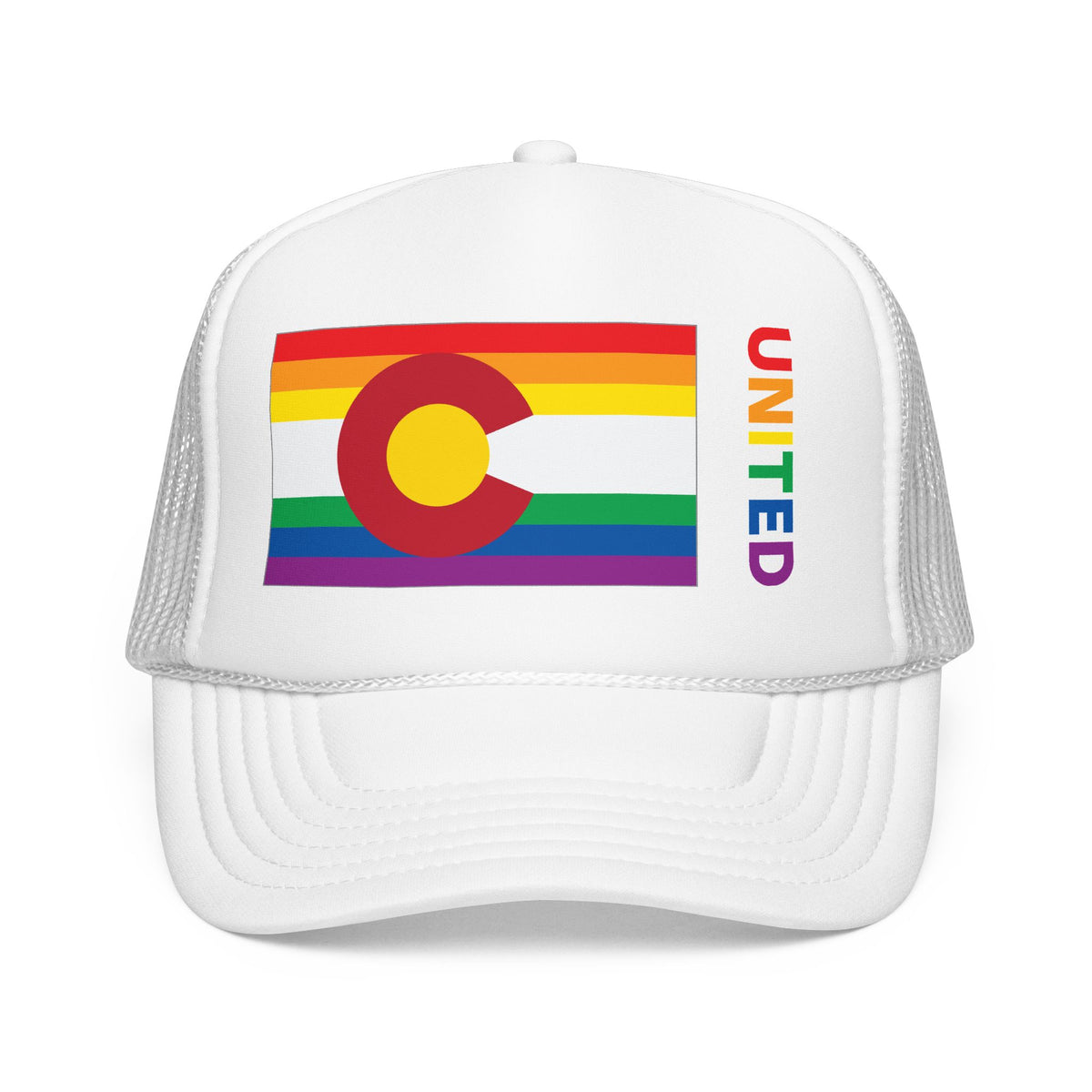 Colorado Rainbow Pride Flag "UNITED" Printed Foam Trucker Hat, Several Color Options