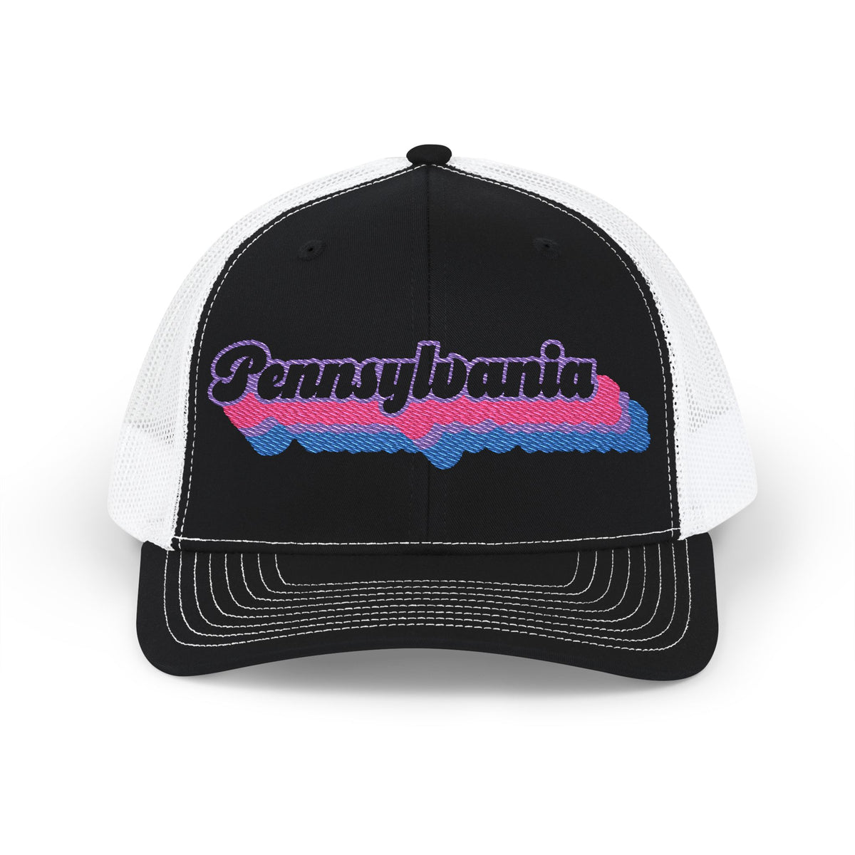 Pennsylvania Bisexual Pride Stack Embroidered Trucker, Snapback Trucker Cap, Black front with White mesh in back