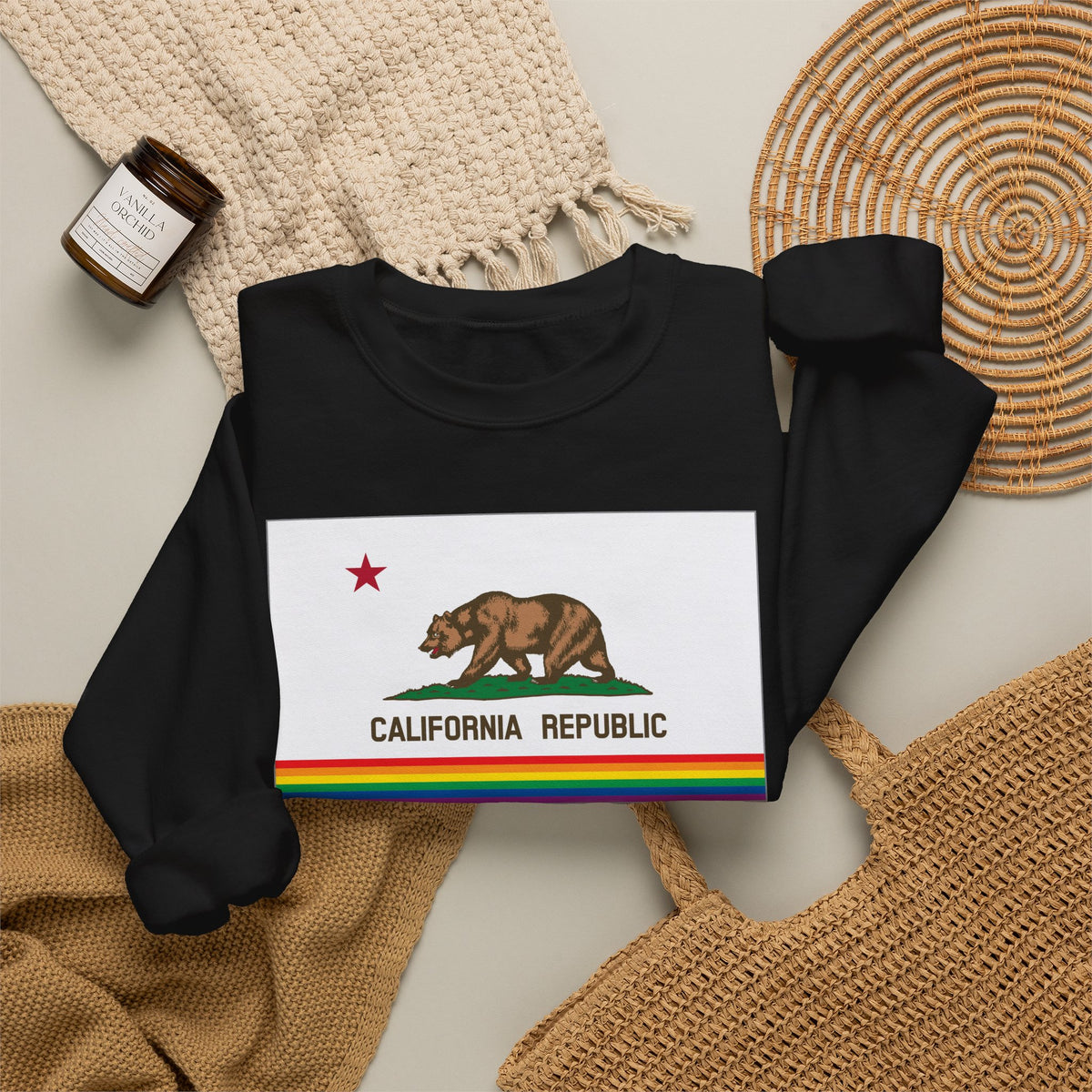 California Rainbow Pride Flag Unisex Crewneck Sweatshirt, White, Black or Light Pink