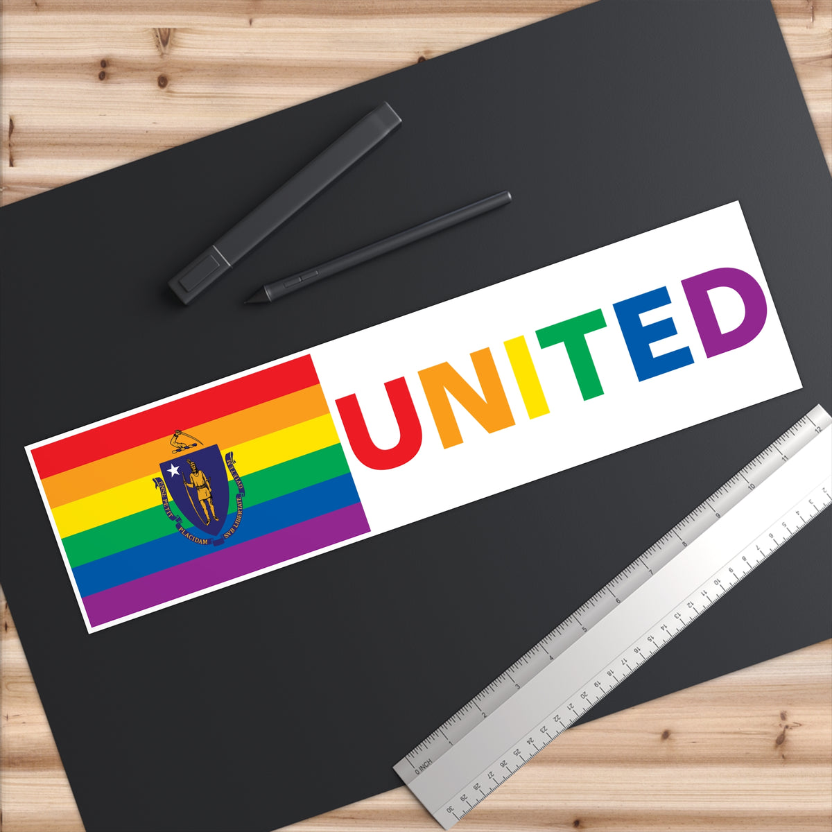 Massachusetts Rainbow Pride Flag "UNITED" Bumper Sticker