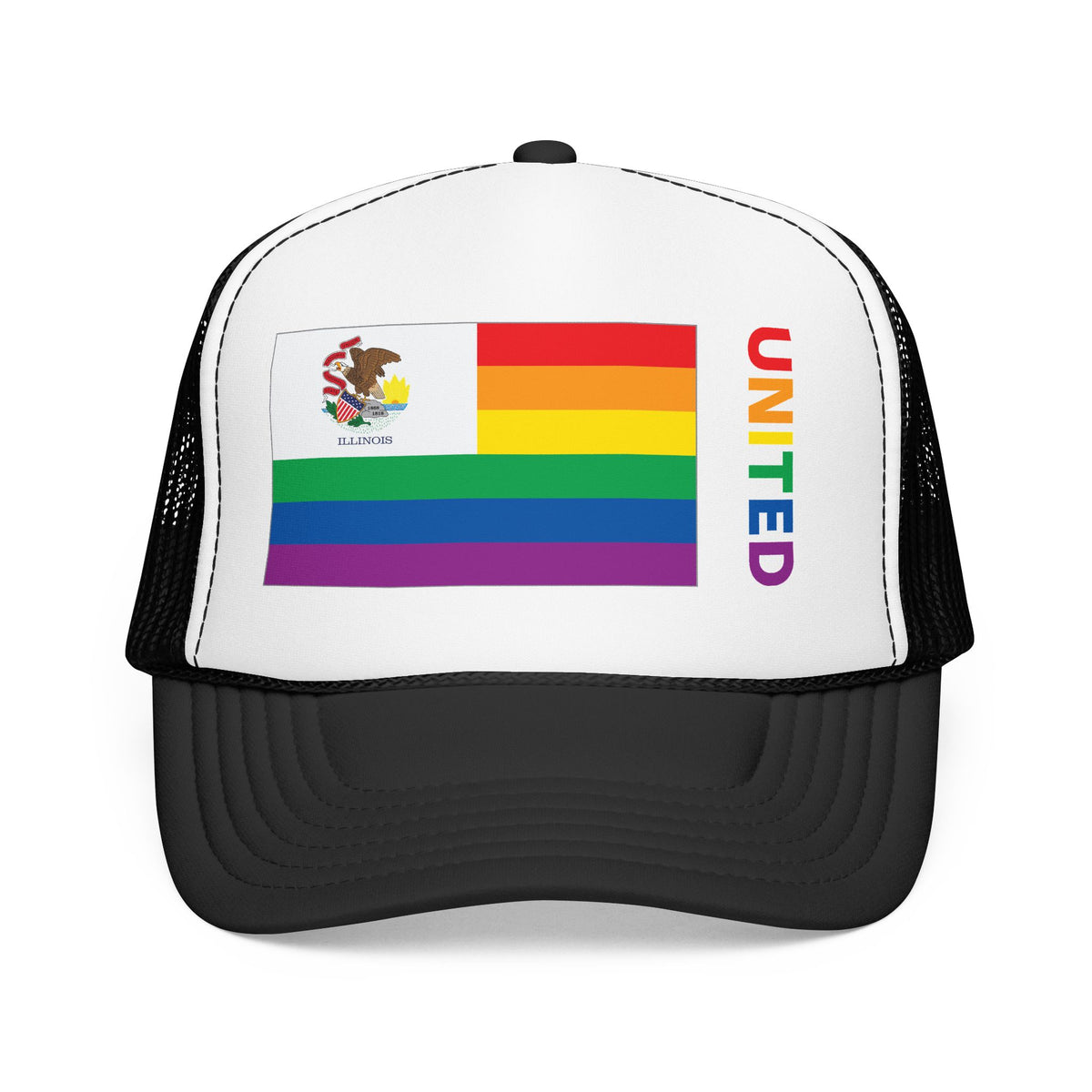 Illinois Rainbow Pride Flag "UNITED" Printed Foam Trucker Hat, Several Color Options