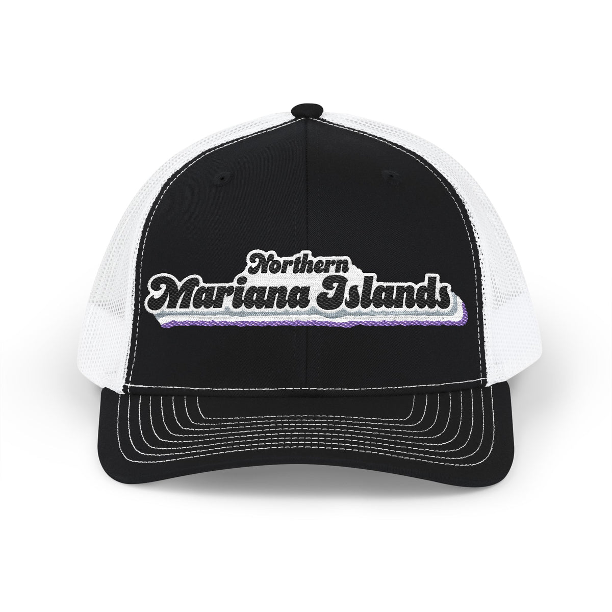 Northern Mariana Islands Asexual Pride Stack Embroidered Trucker, Snapback Trucker Cap, Black front with White mesh in back