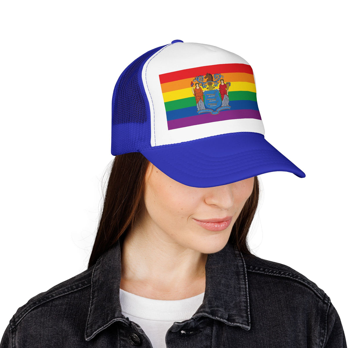New Jersey Rainbow Pride Flag "UNITED" Printed Foam Trucker Hat, Several Color Options