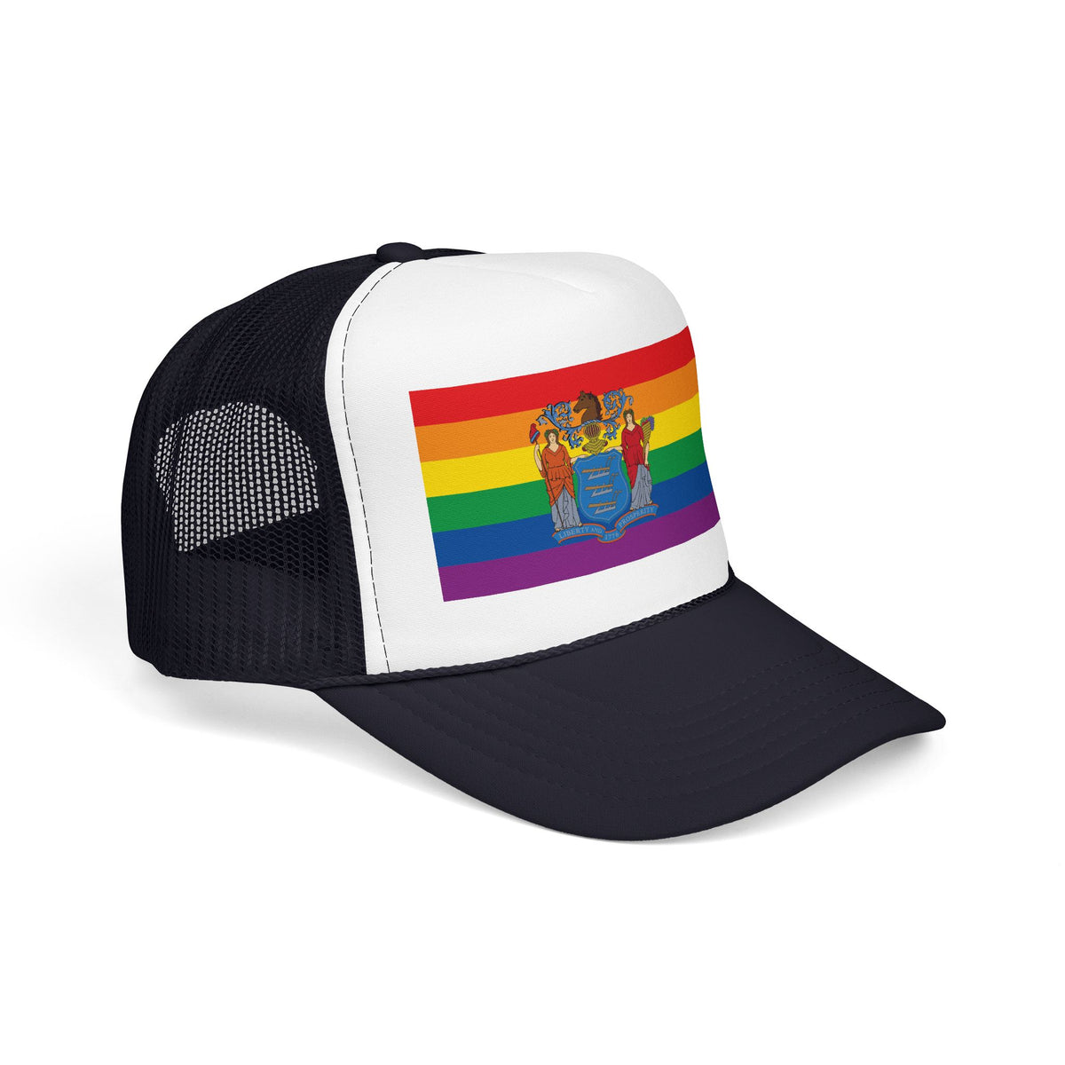 New Jersey Rainbow Pride Flag "UNITED" Printed Foam Trucker Hat, Several Color Options