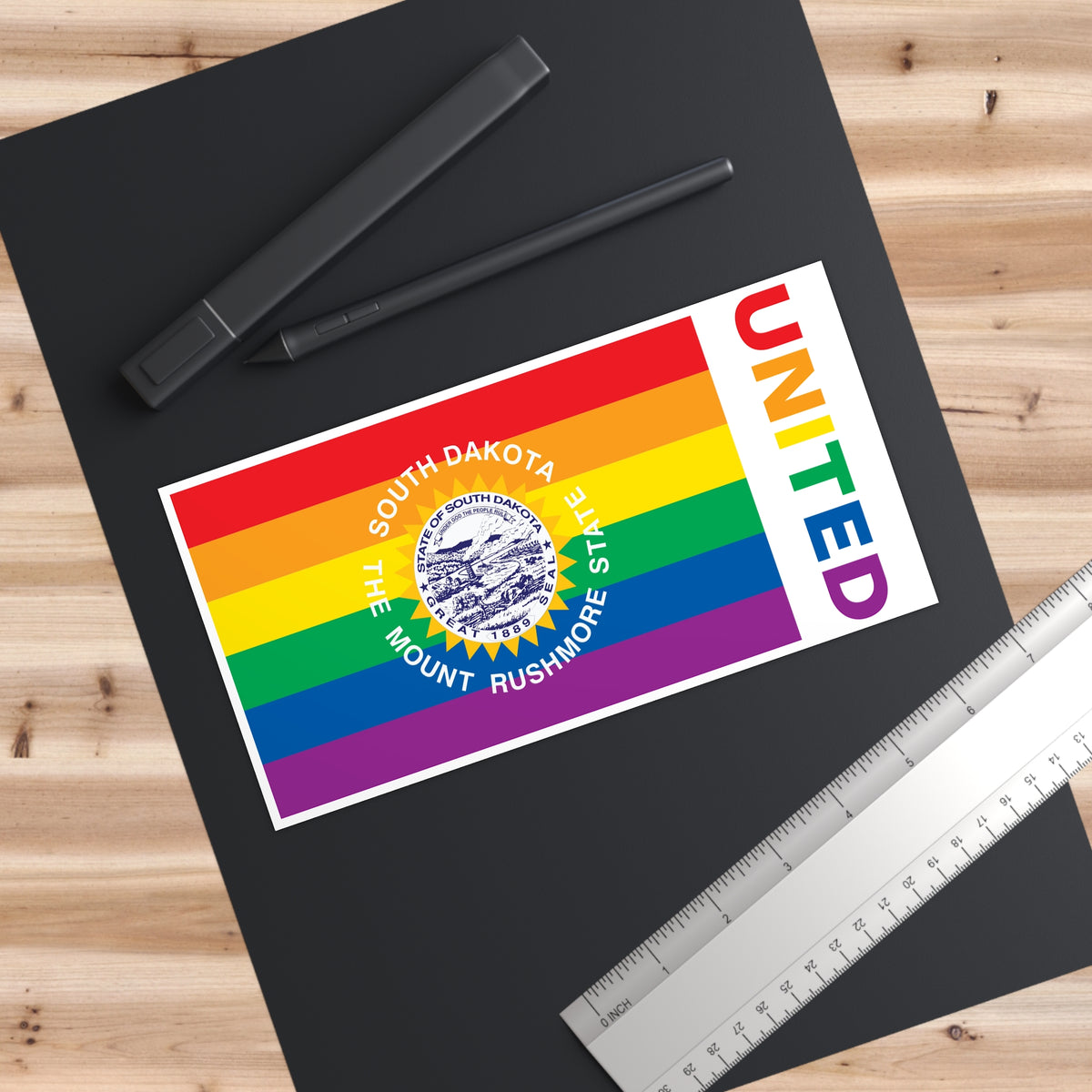 South Dakota Rainbow Pride Flag "UNITED" Bumper Sticker