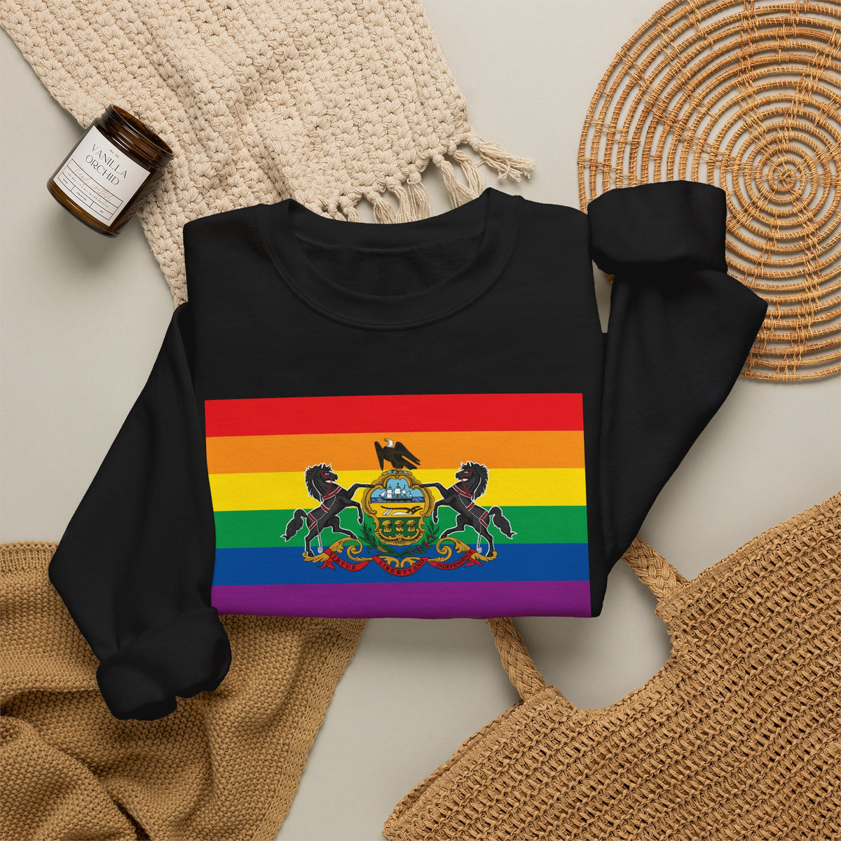 Pennsylvania Rainbow Pride Flag Unisex Crewneck Sweatshirt, White, Black or Light Pink