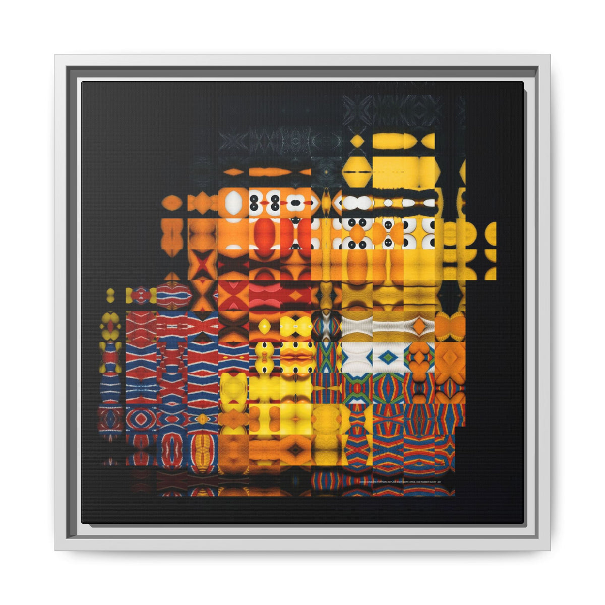 Iconic Domestic Partners in Plain Sight: Bert, Ernie, and Rubber Ducky Abstract Portrait Collage Art, Matte Canvas, Framed (Multi-color options)