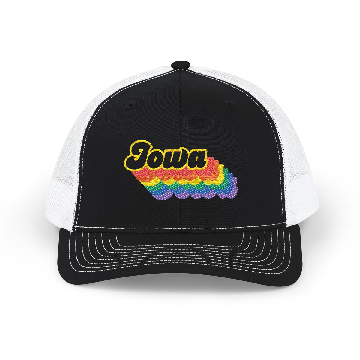 Iowa Retro Rainbow Stack Embroidered Trucker, Snapback Trucker Cap, Black front with White mesh in back