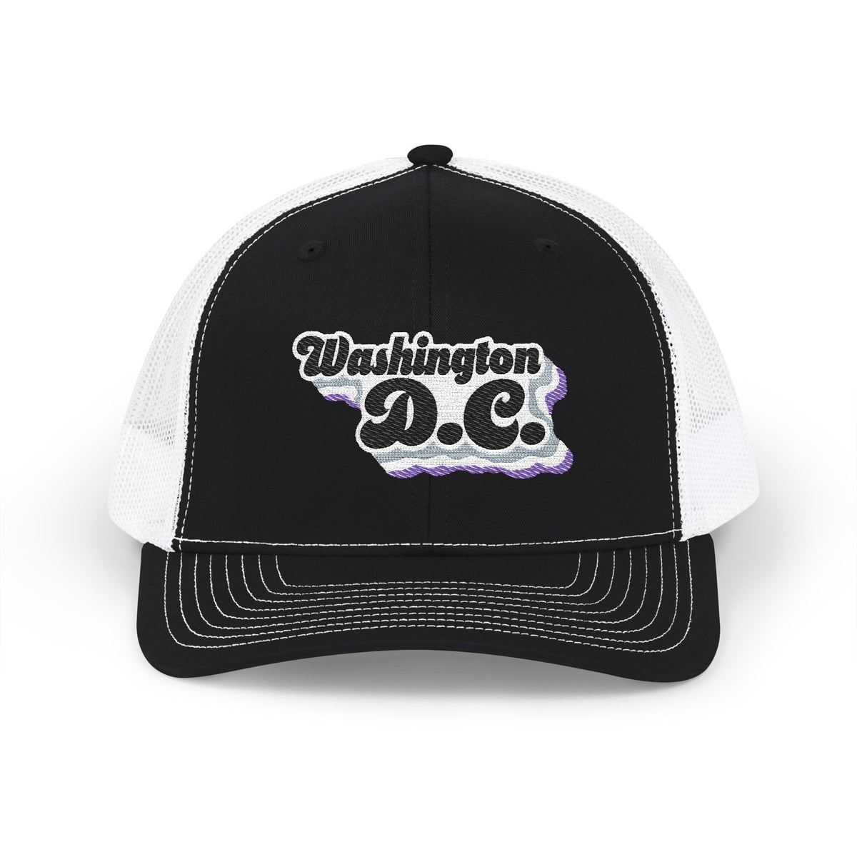 Washington, D.C. Asexual Pride Stack Embroidered Trucker, Snapback Trucker Cap, Black front with White mesh in back