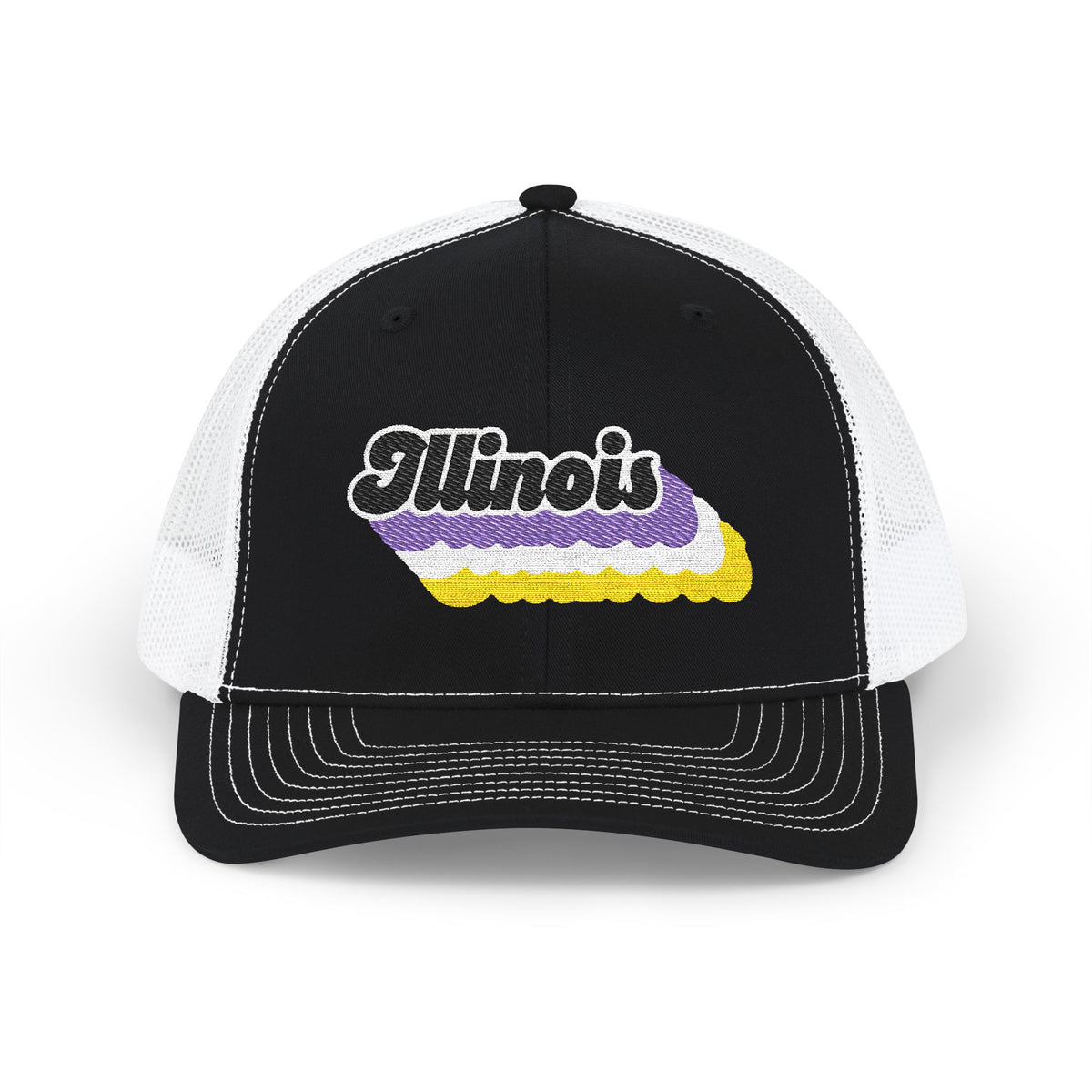 Illinois Non-binary Pride Stack Embroidered Trucker, Snapback Trucker Cap, Black front with White mesh in back