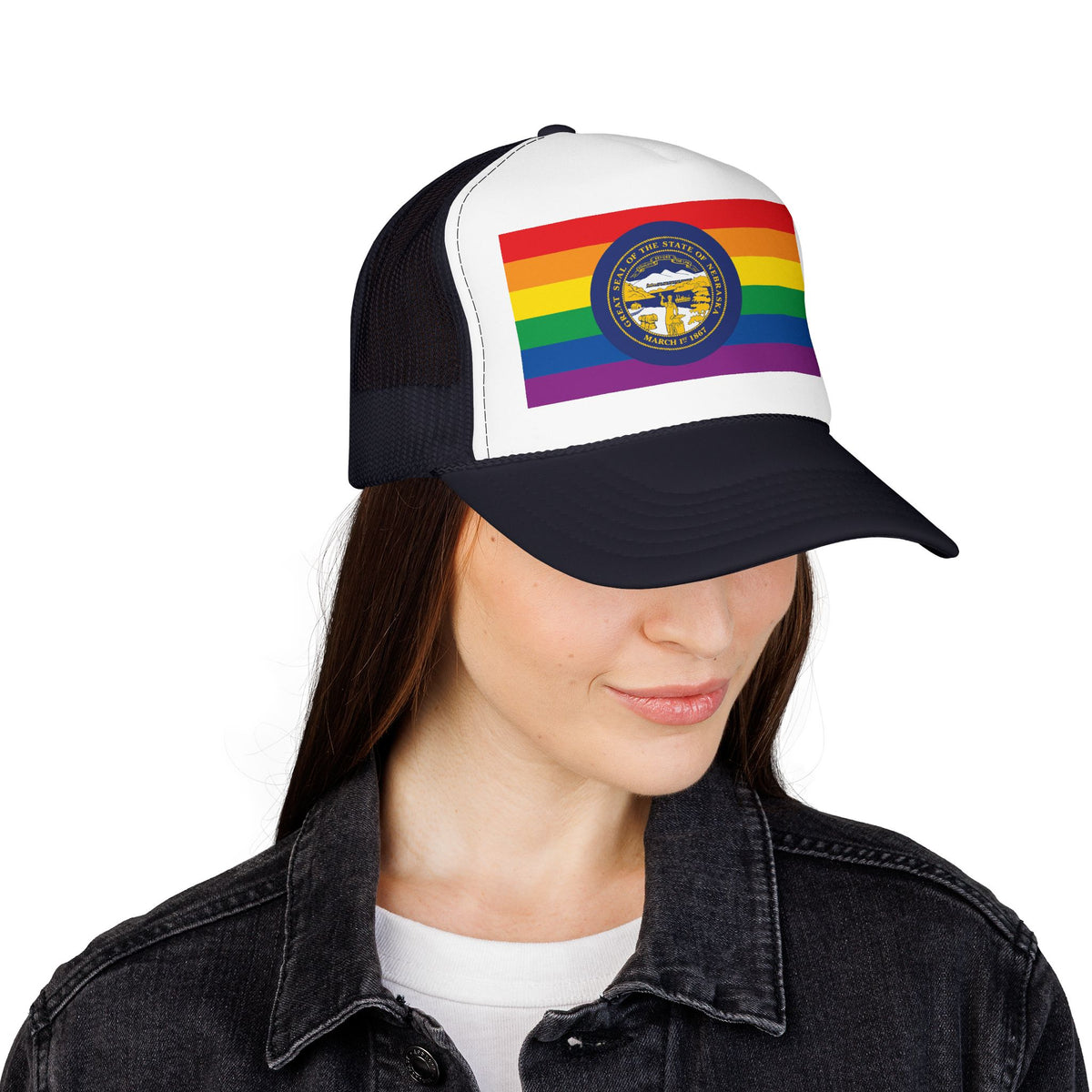 Nebraska Rainbow Pride Flag "UNITED" Printed Foam Trucker Hat, Several Color Options