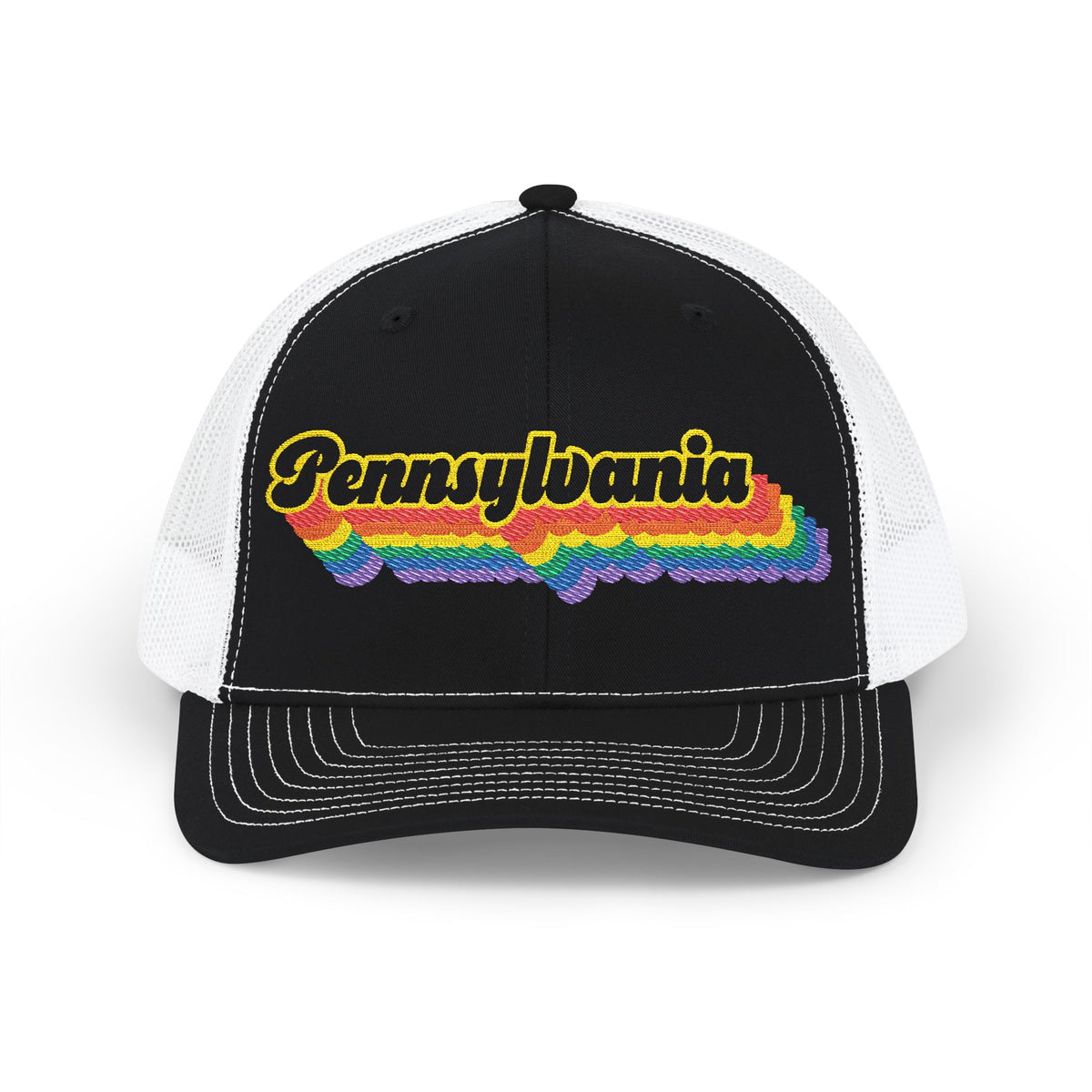 Pennsylvania Retro Rainbow Stack Embroidered Trucker, Snapback Trucker Cap, Black front with White mesh in back