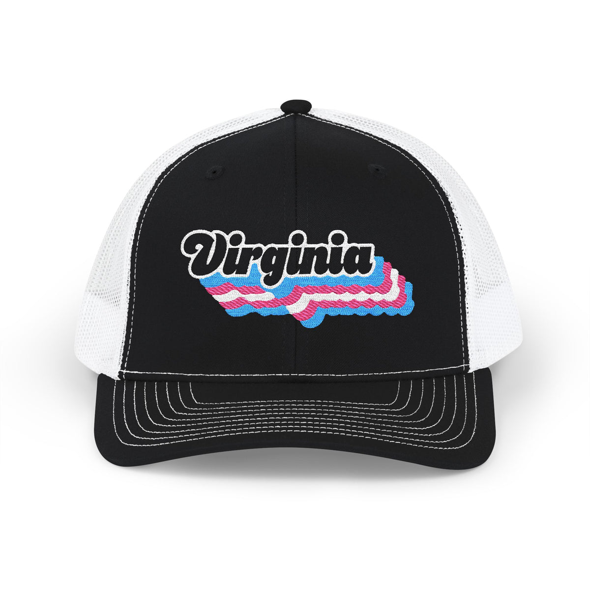 Virginia Transgender Pride Stack Embroidered Trucker, Snapback Trucker Cap, Black front with White mesh in back