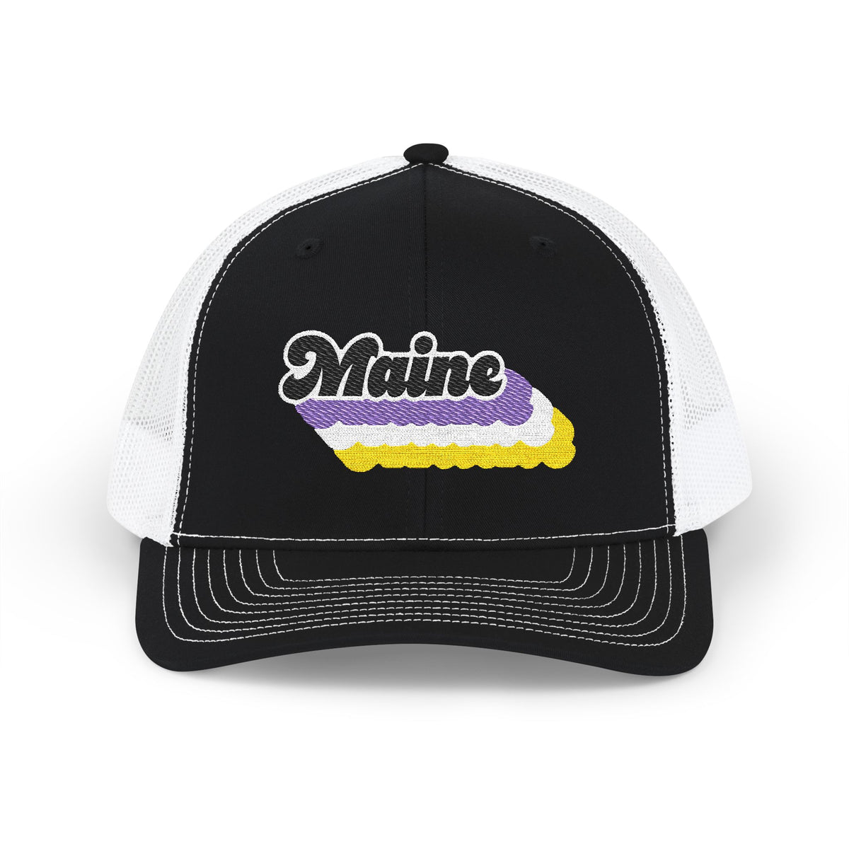 Maine Non-binary Pride Stack Embroidered Trucker, Snapback Trucker Cap, Black front with White mesh in back