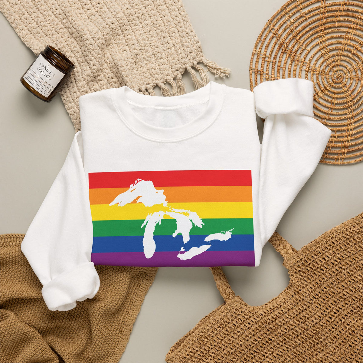 Great Lakes Region Rainbow Pride Flag Unisex Crewneck Sweatshirt, White, Black or Light Pink