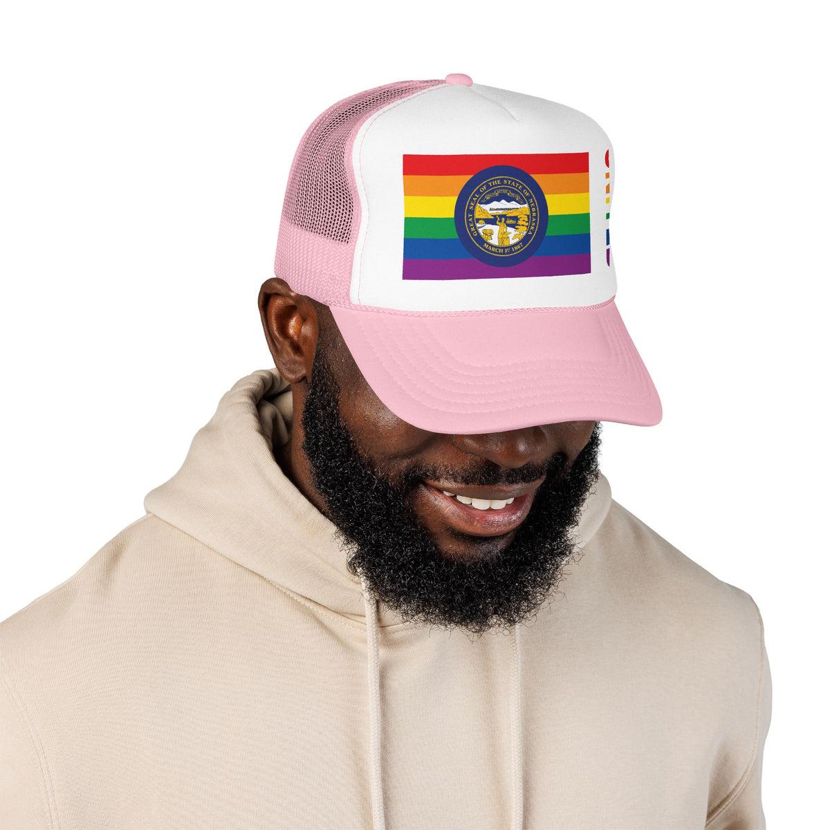 Nebraska Rainbow Pride Flag "UNITED" Printed Foam Trucker Hat, Several Color Options