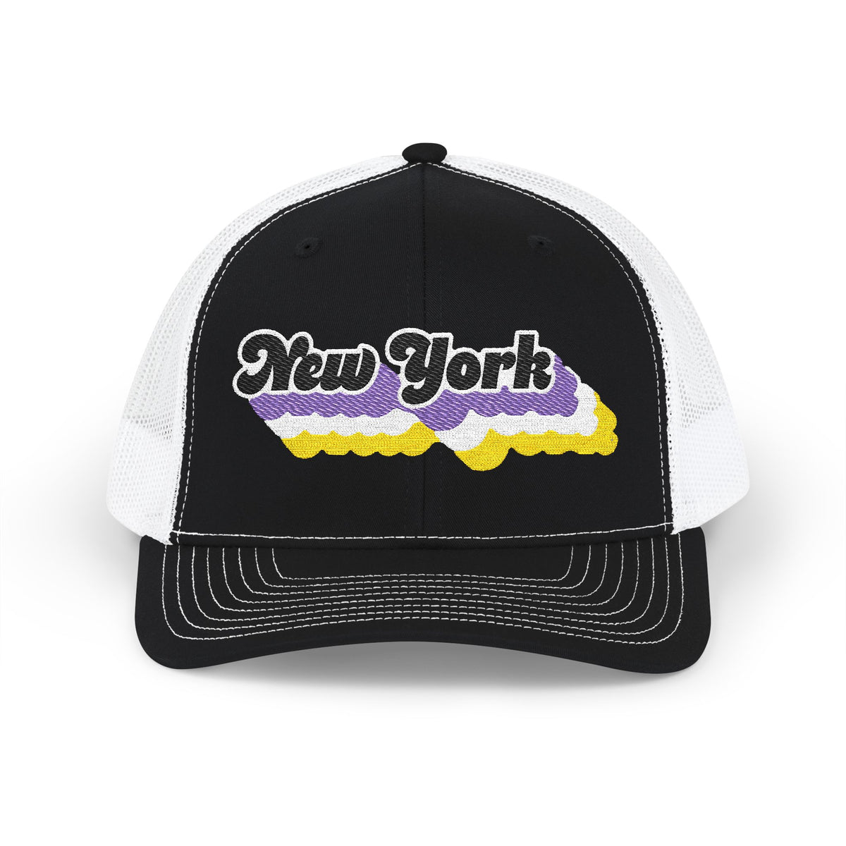 New York Non-binary Pride Stack Embroidered Trucker, Snapback Trucker Cap, Black front with White mesh in back
