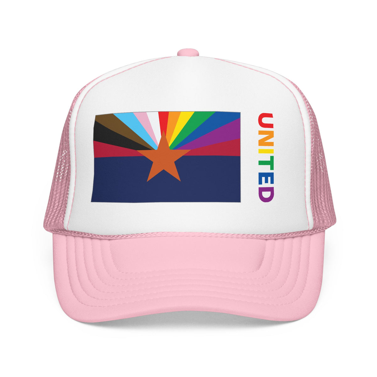 Arizona Rainbow Pride Flag "UNITED" Printed Foam Trucker Hat, Several Color Options