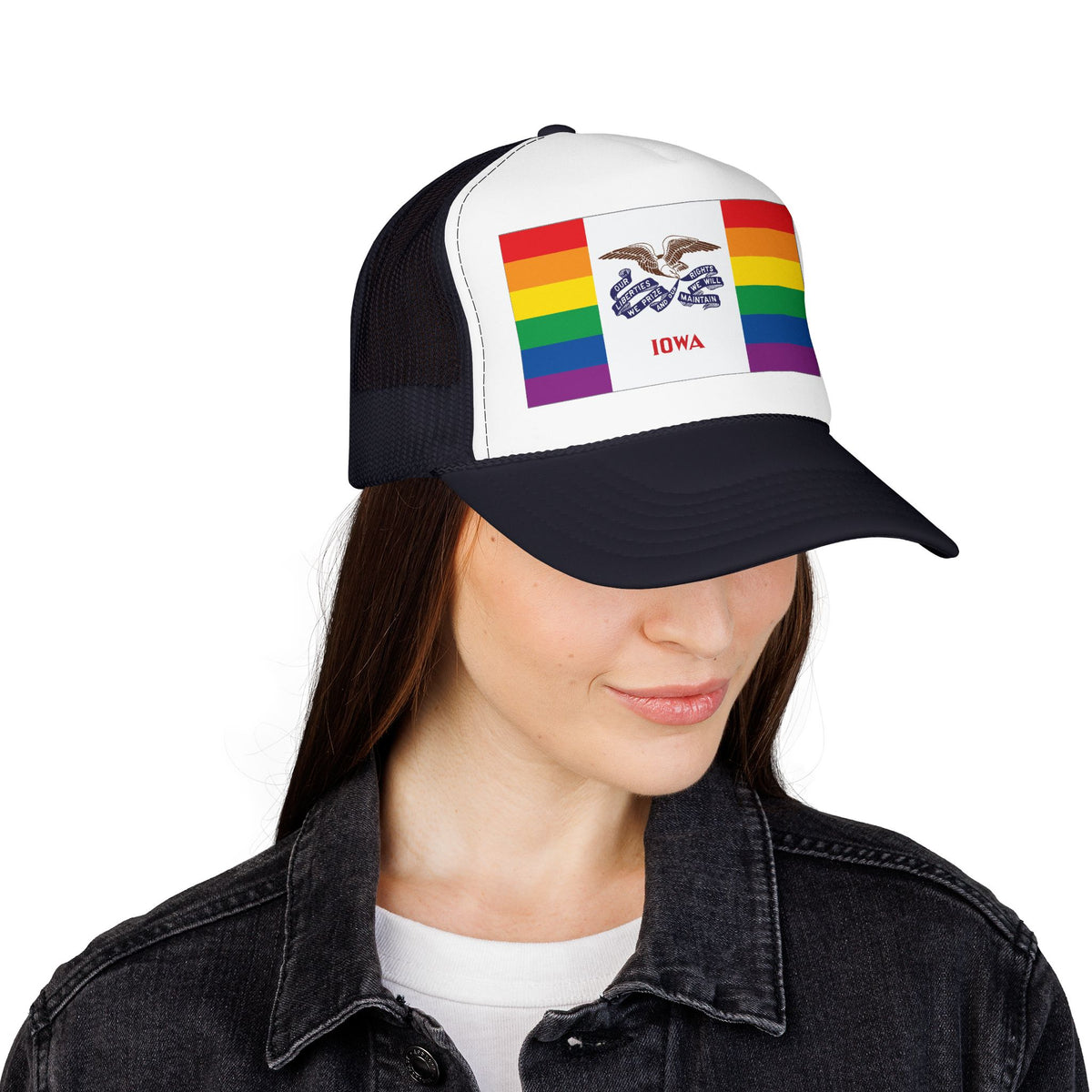 Iowa Rainbow Pride Flag "UNITED" Printed Foam Trucker Hat, Several Color Options