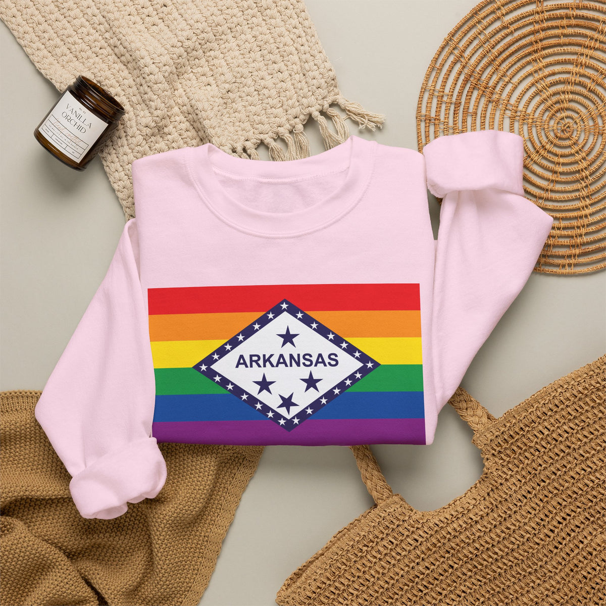 Arkansas Rainbow Pride Flag Unisex Crewneck Sweatshirt, White, Black or Light Pink