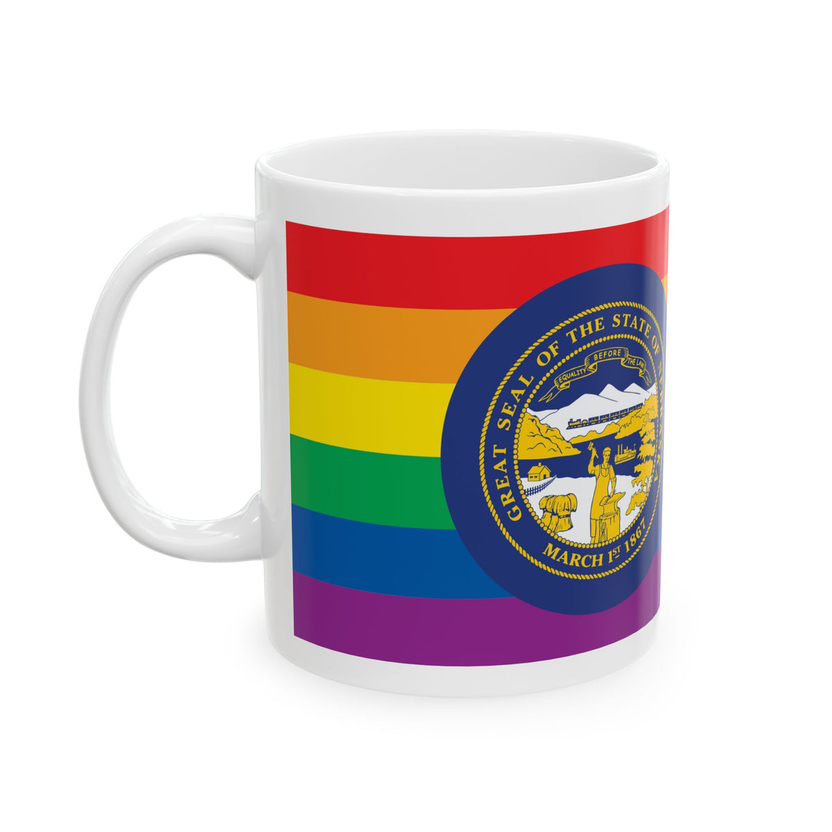 Nebraska Rainbow Pride Flag "UNITED" Ceramic Mug