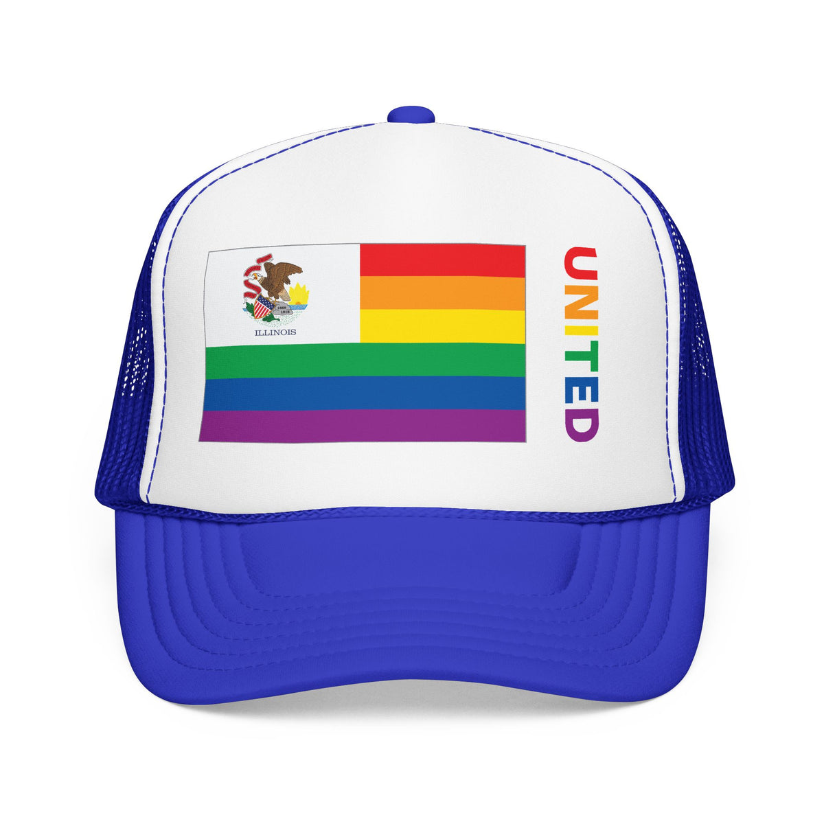Illinois Rainbow Pride Flag "UNITED" Printed Foam Trucker Hat, Several Color Options