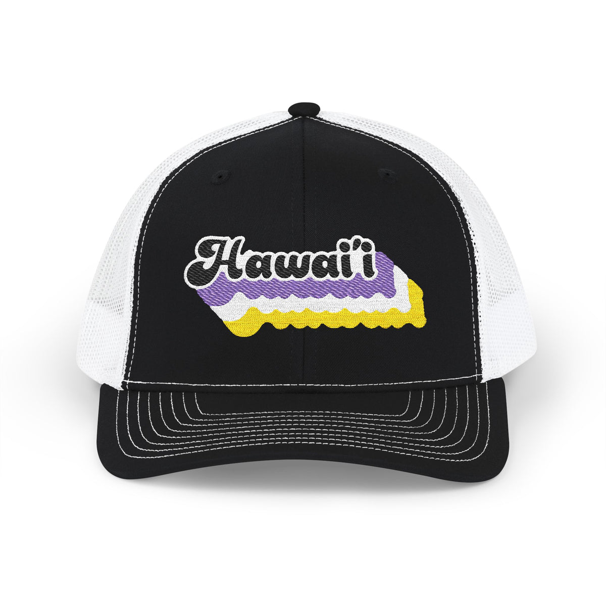 Hawai'i Non-binary Pride Stack Embroidered Trucker, Snapback Trucker Cap, Black front with White mesh in back