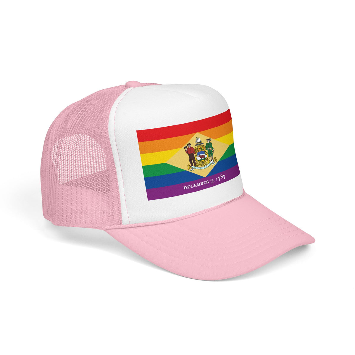 Delaware Rainbow Pride Flag "UNITED" Printed Foam Trucker Hat, Several Color Options