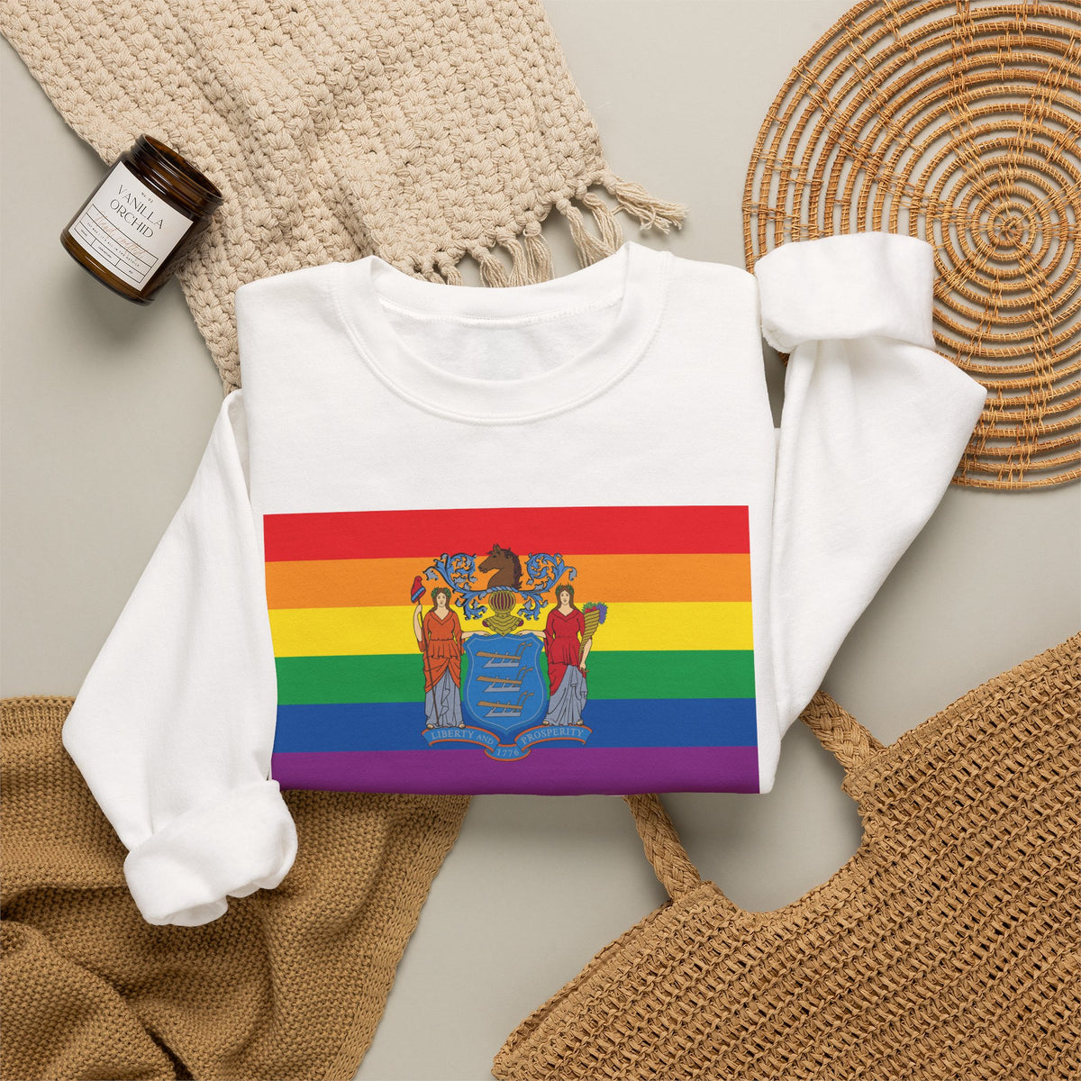 New Jersey Rainbow Pride Flag Unisex Crewneck Sweatshirt, White, Black or Light Pink