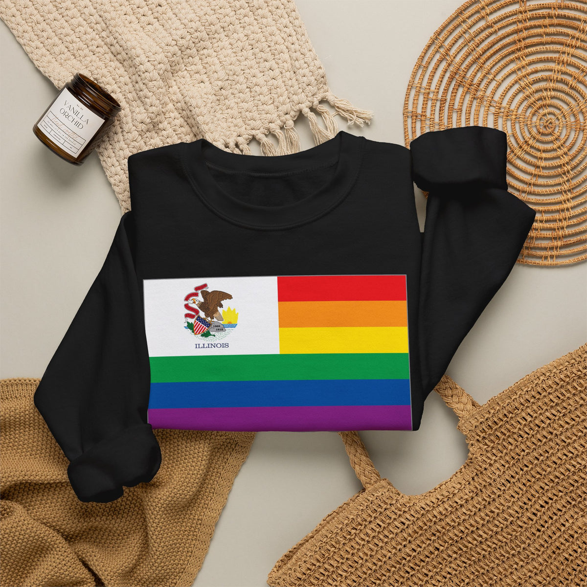 Illinois Rainbow Pride Flag Unisex Crewneck Sweatshirt, White, Black or Light Pink