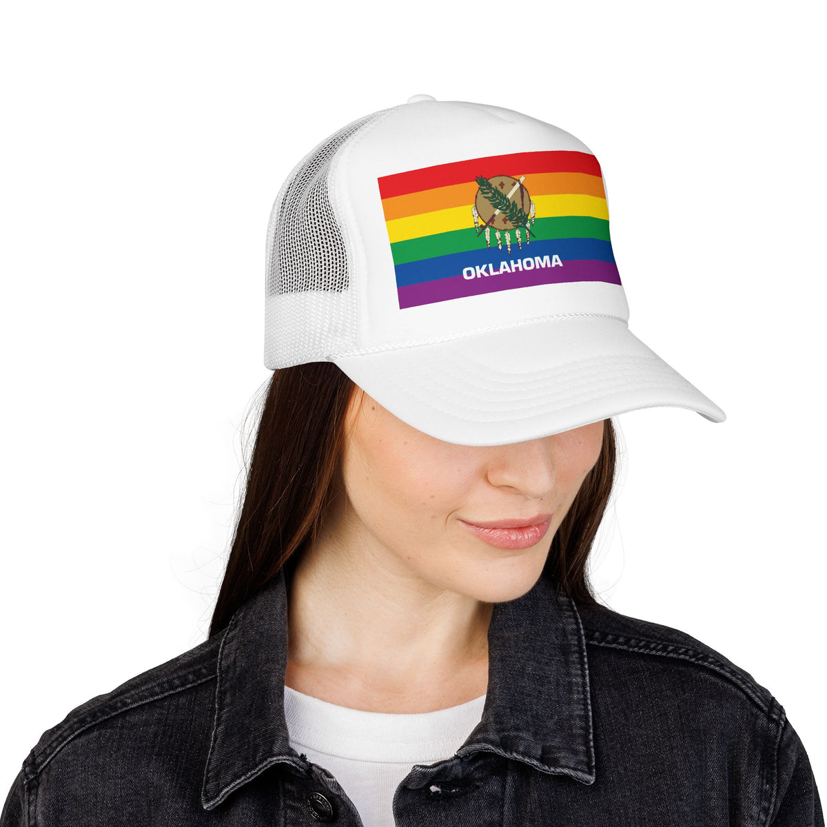 Oklahoma Rainbow Pride Flag "UNITED" Printed Foam Trucker Hat, Several Color Options