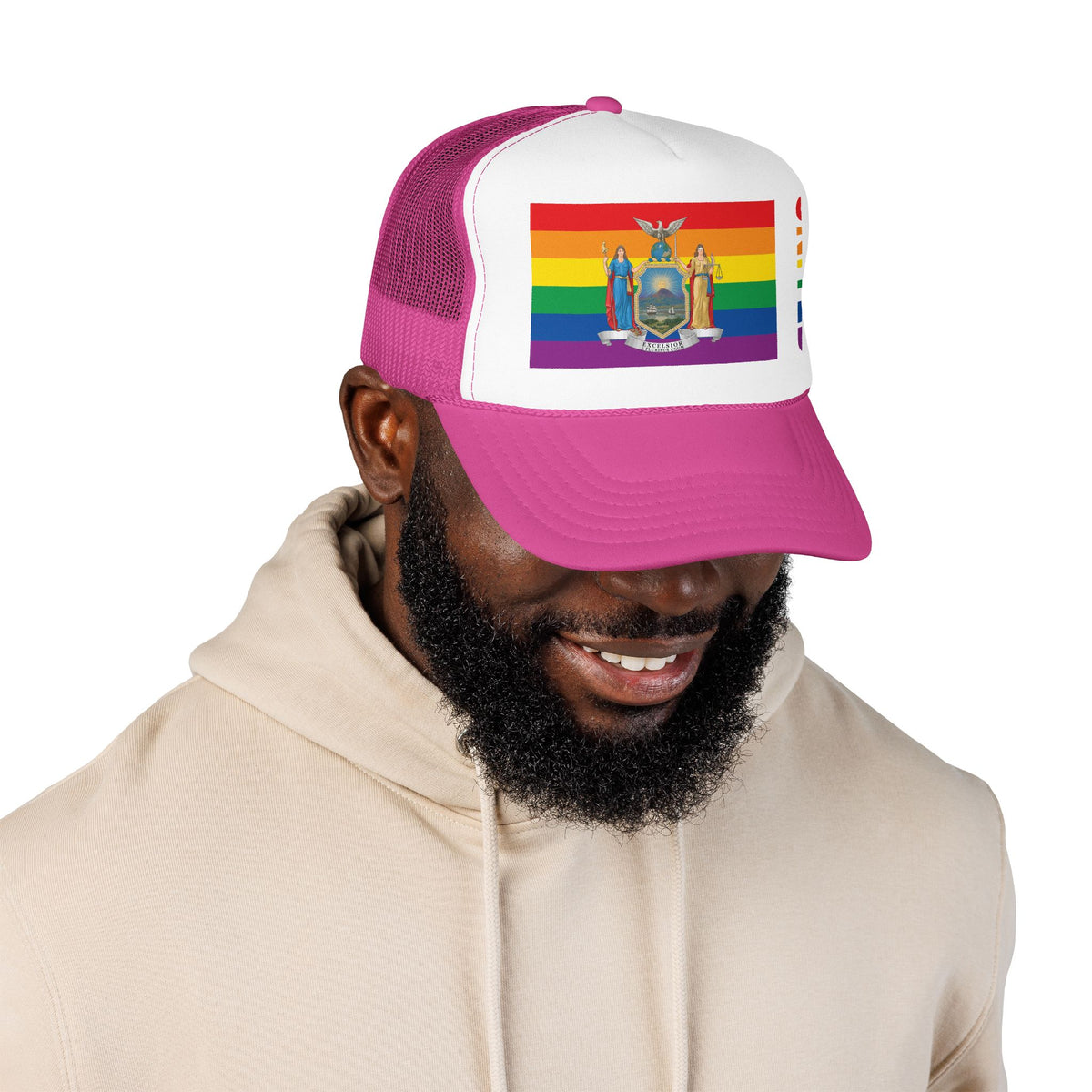 New York Rainbow Pride Flag "UNITED" Printed Foam Trucker Hat, Several Color Options