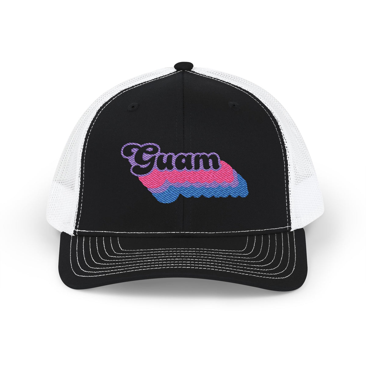 Guam Bisexual Pride Stack Embroidered Trucker, Snapback Trucker Cap, Black front with White mesh in back
