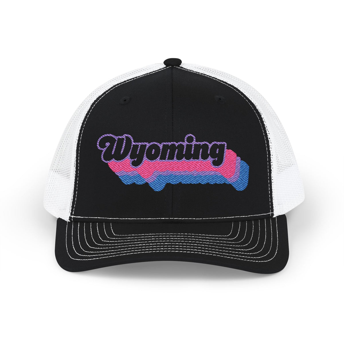 Wyoming Bisexual Pride Stack Embroidered Trucker, Snapback Trucker Cap, Black front with White mesh in back