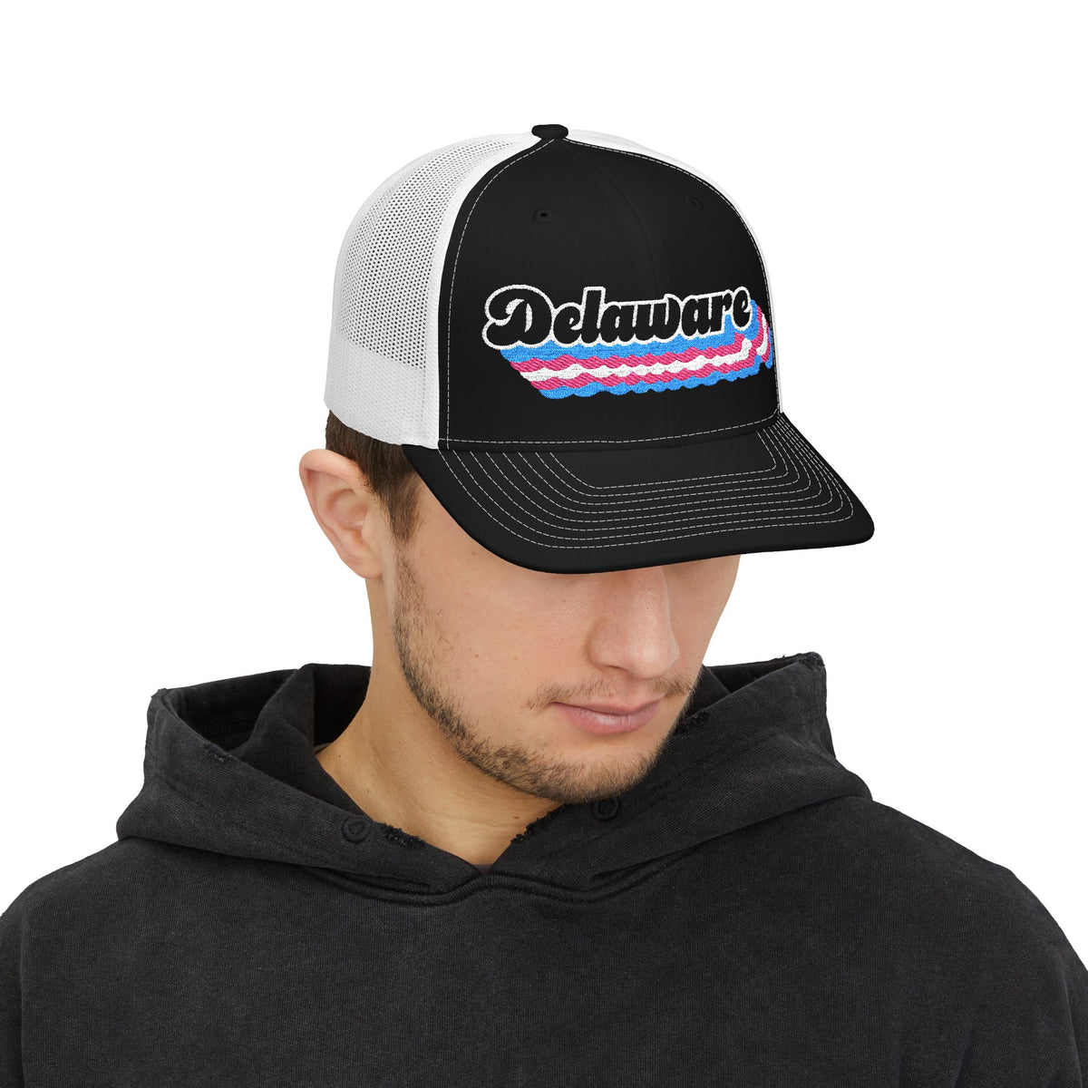 Delaware Transgender Pride Stack Embroidered Trucker, Snapback Trucker Cap, Black front with White mesh in back