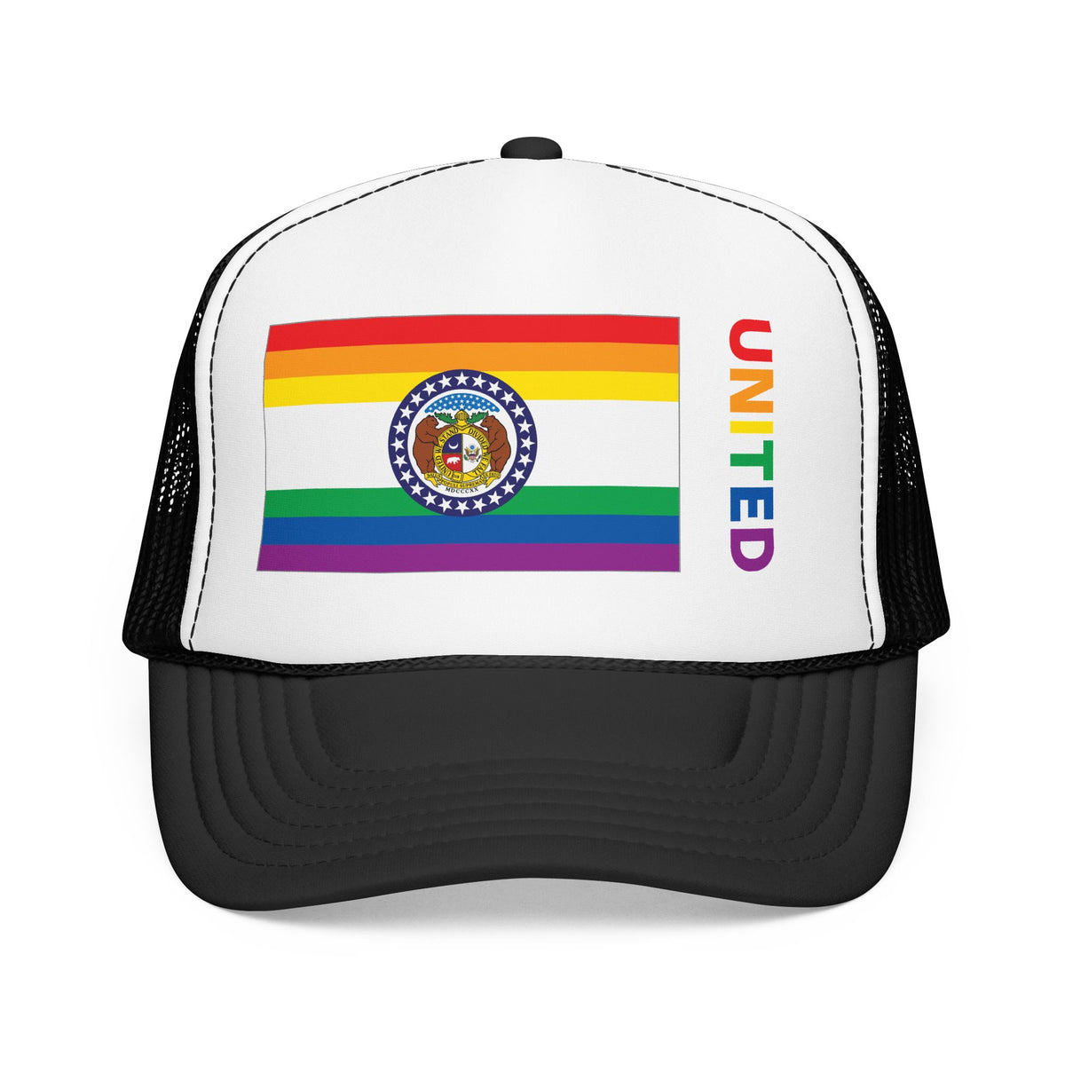 Missouri Rainbow Pride Flag "UNITED" Printed Foam Trucker Hat, Several Color Options
