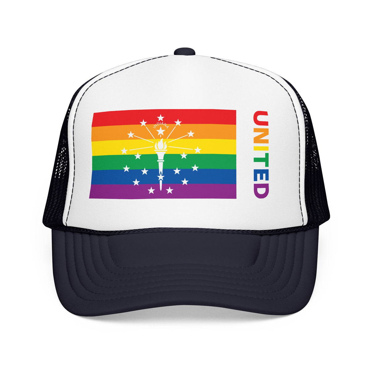 Indiana Rainbow Pride Flag "UNITED" Printed Foam Trucker Hat, Several Color Options