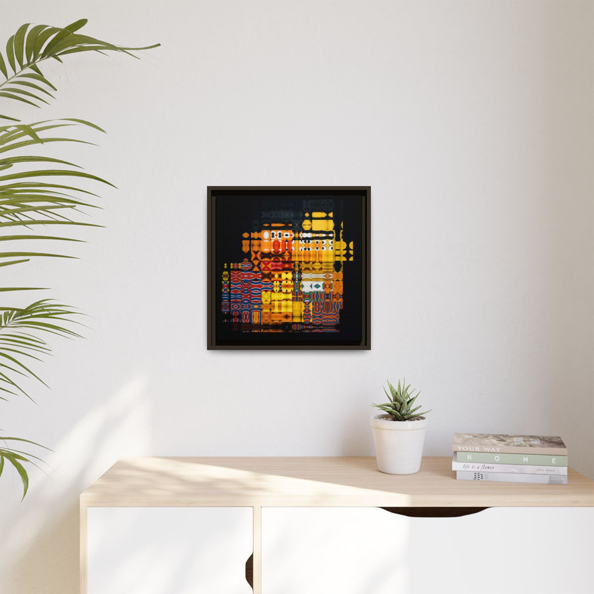 Iconic Domestic Partners in Plain Sight: Bert, Ernie, and Rubber Ducky Abstract Portrait Collage Art, Matte Canvas, Framed (Multi-color options)
