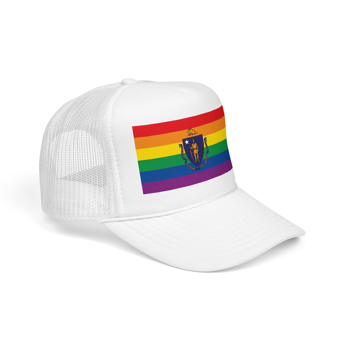 Massachusetts Rainbow Pride Flag "UNITED" Printed Foam Trucker Hat, Several Color Options